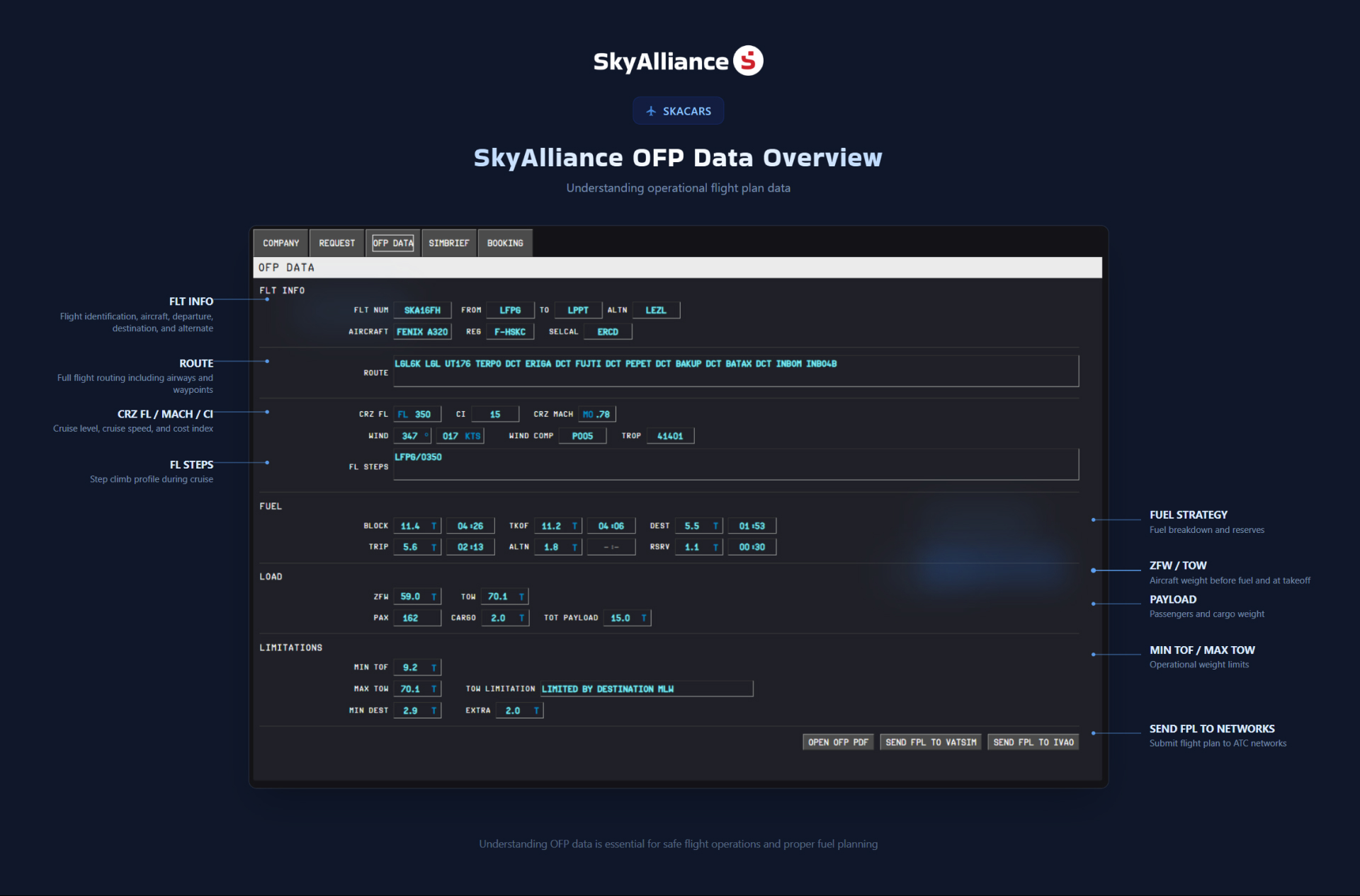 Operational flight plan data, clearly structured